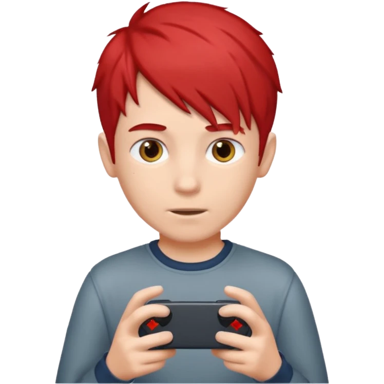 A boy with half gary hair and half red hair playing video game in is mobile  emoji