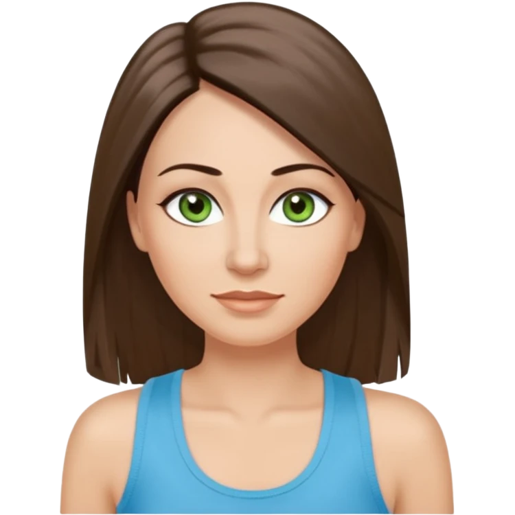 43 year old Adult woman avatar, light skin tone, long, oval face, long straight ashy brown hair, green almond-shaped eyes with dramatic eyelashes and minimal eyeliner, neutral mouth, medium straight eyebrows, small nose, smooth skin, sky blue tank top emoji