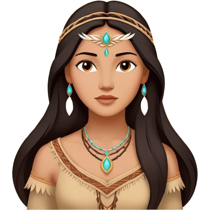 Cinematic Radiant Pocahontas Portrait Emoji, rendered in a vector-style with clean lines. Show Pocahontas with luminous, sun-kissed skin and flowing dark hair adorned with subtle natural ornaments, her expression calm and kind, dressed in simple traditional attire with earthy tones. The image glows softly with a warm, inviting radiance, enhanced by a soft glowing outline. emoji