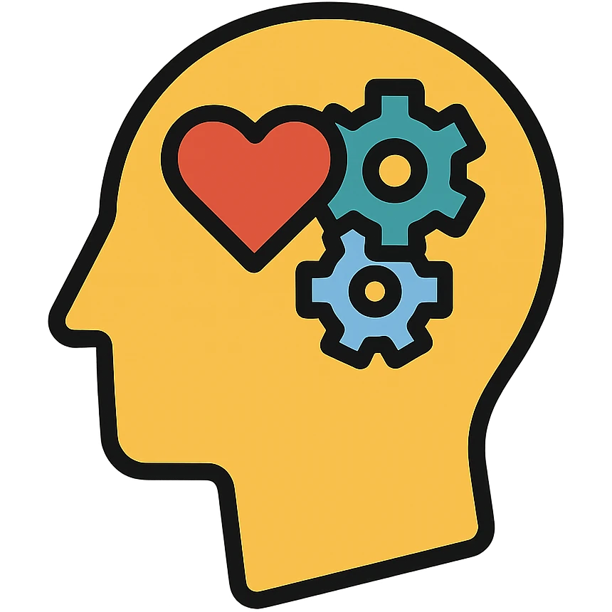 Vector illustration of a human head icon in profile view, with a heart or gears inside the head symbolizing emotional intelligence or cognitive processing. Clean and sharp lines, with subtle realistic shadows and glossy highlights for depth. Flat yet modern vector style. Transparent background emoji