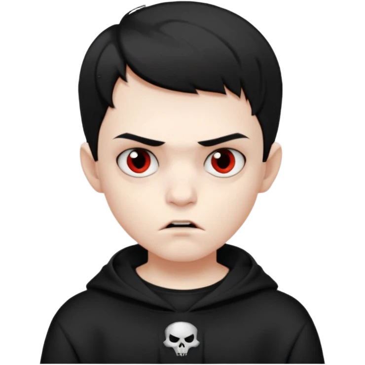 Vampire boy with the short black hair, pale-white skin, black eyes, little fangs and dark circles under his eyes. He has serious face and he wear a black oversize sweatshot emoji