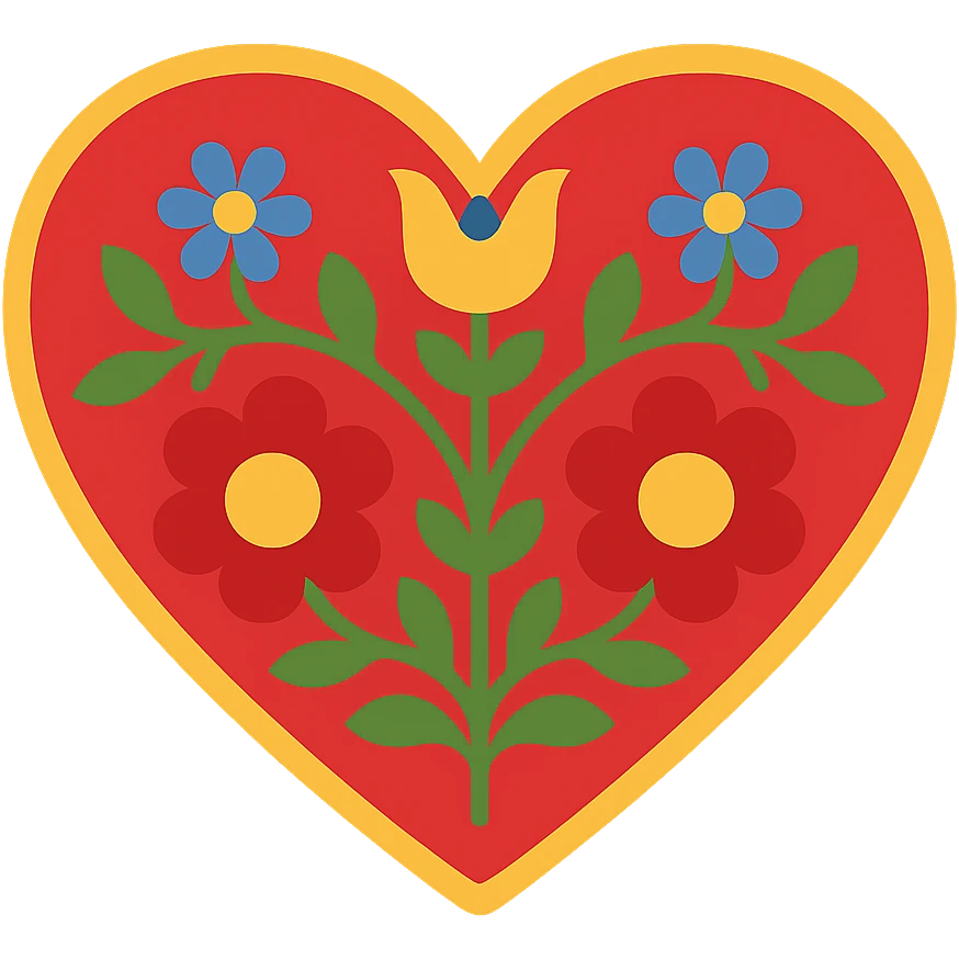 Red heart with Slavic folk art nature motif, featuring bright folk colors and simple, bold stylized flowers and vines. The design is easily recognizable when downsized and includes a border around the heart. emoji