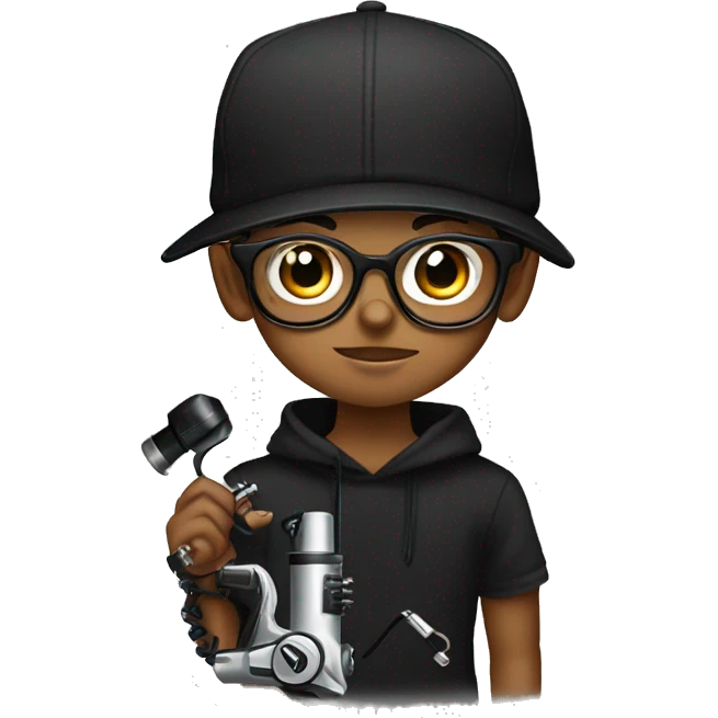 black cap, hoodie and glasses boy holding tattoo machine emoji