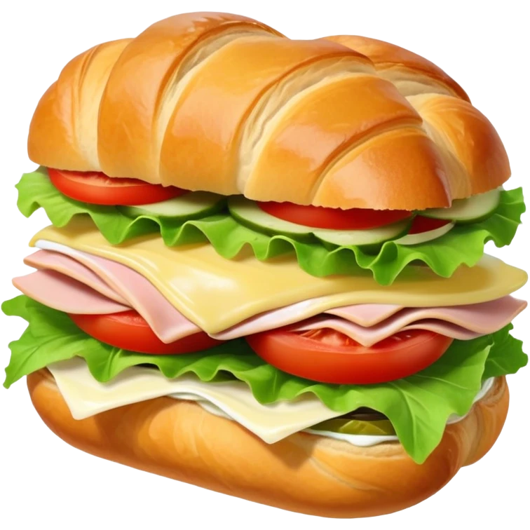 sandwich with turkey, lettuce, pickles, mayonnaise, and tomatoes on a croissant emoji