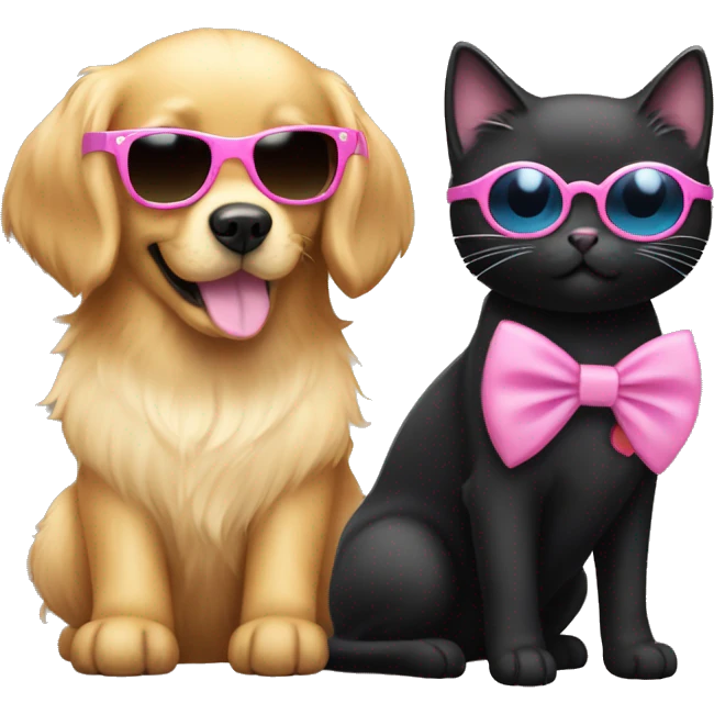 Cute small golden retriever wearing a pink bow in her hair and a black cat with shades on emoji