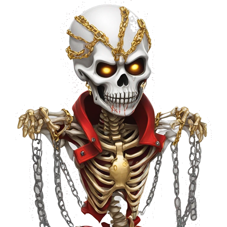 White skeleton zombie person covered in golden chains and black graffiti scribbles and red and silver doodles emoji