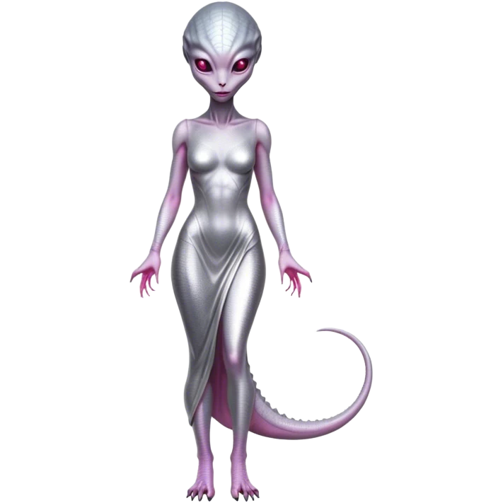 alien reptilian woman in silver dress, full body pink eyes emoji