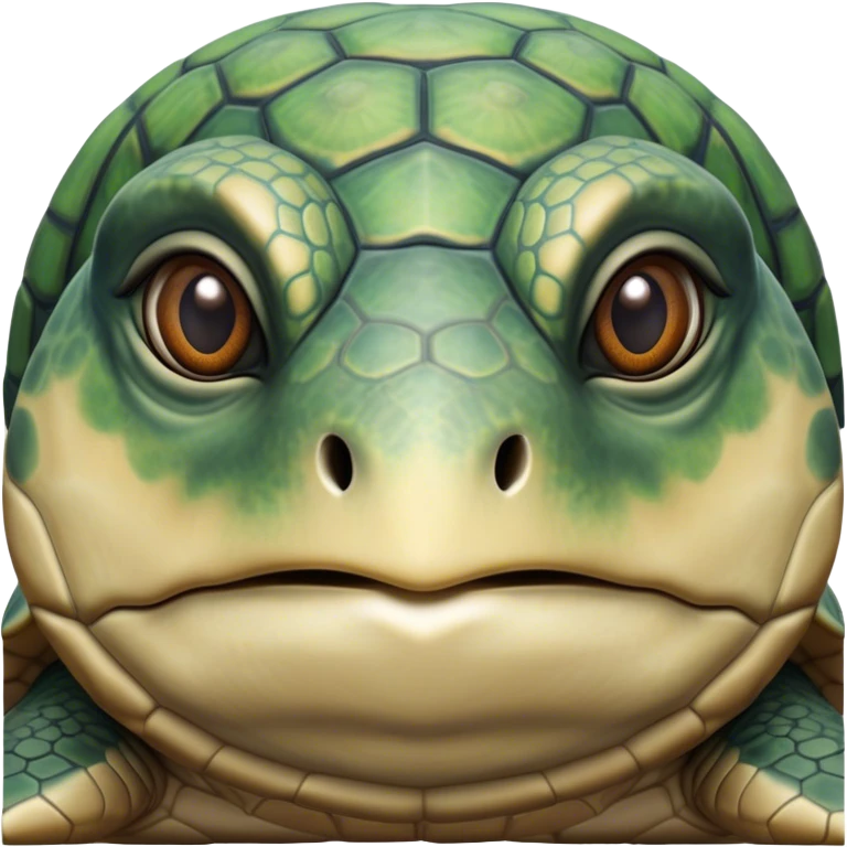 Cinematic Realistic Noble Sea Turtle Portrait Emoji, Poised and dignified, with a robust, time-worn shell intricately patterned in earthy tones and a weathered, wise face with deep, observant eyes, rendered with lifelike texture and natural, diffused light; high shine, intelligent and serene, styled with an air of oceanic majesty, focused and attentive, soft glowing outline, capturing the essence of a watchful and confident sea turtle that appears to glide out of the screen with timeless authority! emoji