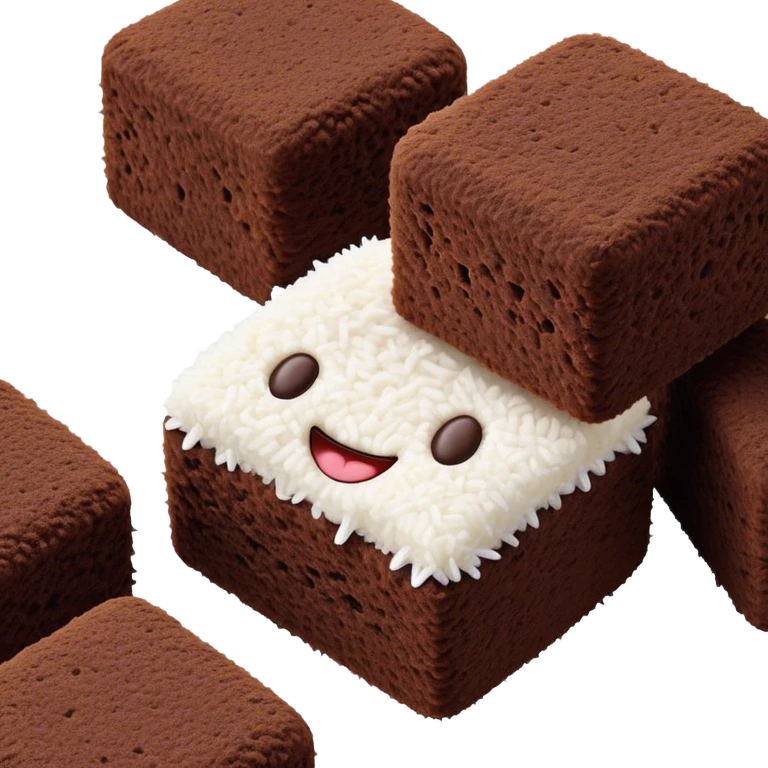 Cinematic Realistic Lamingtons Dessert Emoji, depicted as soft sponge squares coated in chocolate and coconut rendered with mouth‚Äêwatering detail and vibrant lighting. emoji