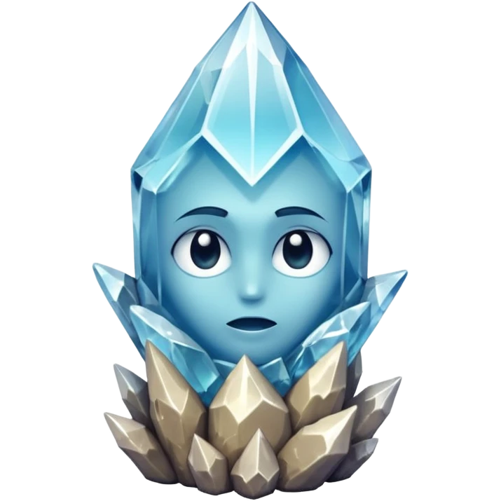A single crystal rock inspired by a clear quartz cluster, amorph base with many tall transparent crystal spikes growing upward all around it with a face emoji