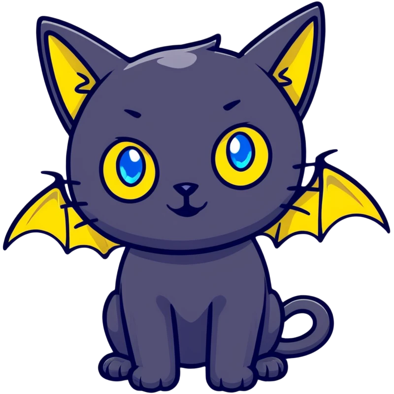 black cat with blue bat wings and glowing yellow eyes emoji
