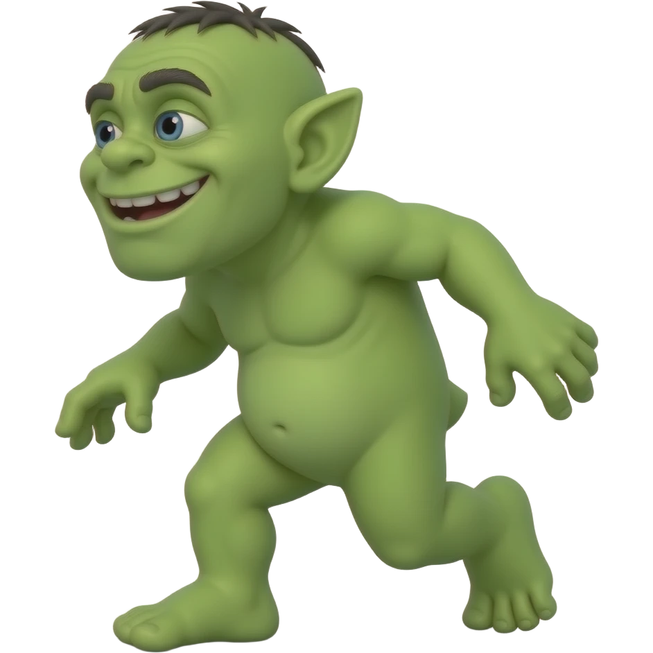 “a full-body green a troll awkwardly smiling while slowly backing away emoji
