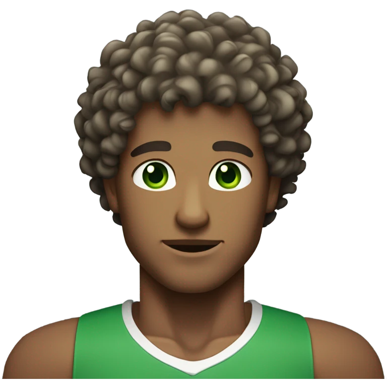Curly hair green eyed man with a muscular build who is a young and good looking emoji