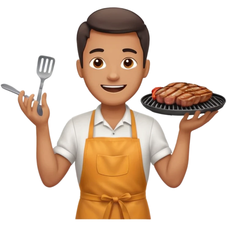 A cheerful man in an apron flipping meat on a sizzling grill with smoke puffing upward. emoji
