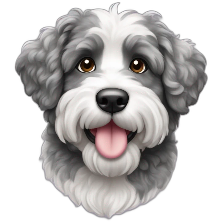 ausiedoodle with black and white and gray merle coloring with heart emoji