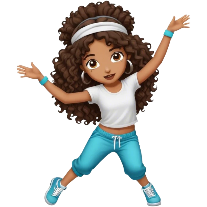 Dancing brown girl with long darn brown curly hair with headband hip hop emoji