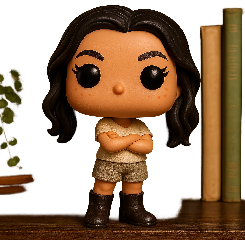 Enhance the Funko Pop style image with smooth tanned skin, dark hair with subtle auburn highlights, even darker leather boots, textured clothing (cream top, greige bottom), crossed arms, rosy cheekbones, very subtle freckles, no neck, eyebrows with a mischievous and playful expression, no mouth, transparent background. emoji