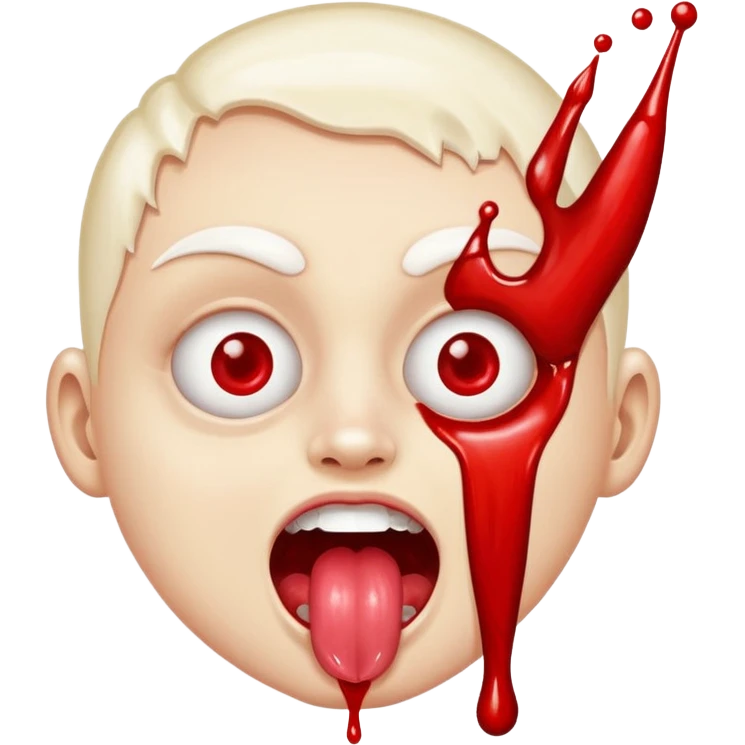 Spilt white glue on their face and smiling with their tongue out but their eyeballs are bloodshot red emoji