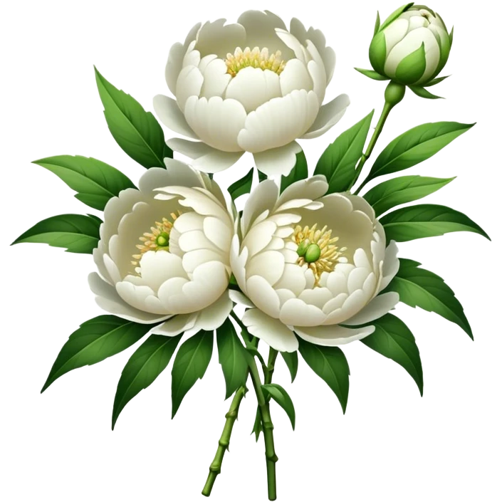 bouquet white Peony, luxuriant, stem, leaf, bud emoji