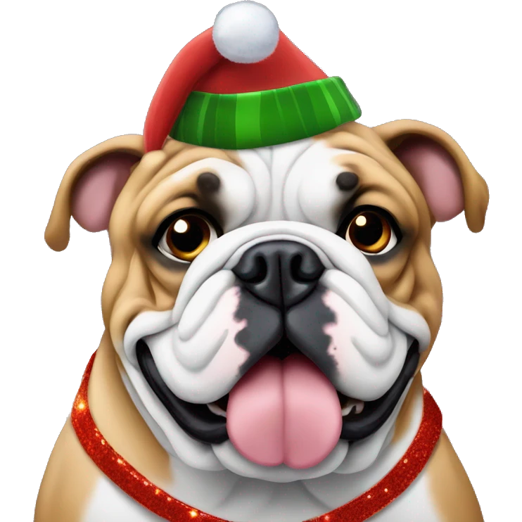 English bulldog wrapped with Christmas lights and hat emoji