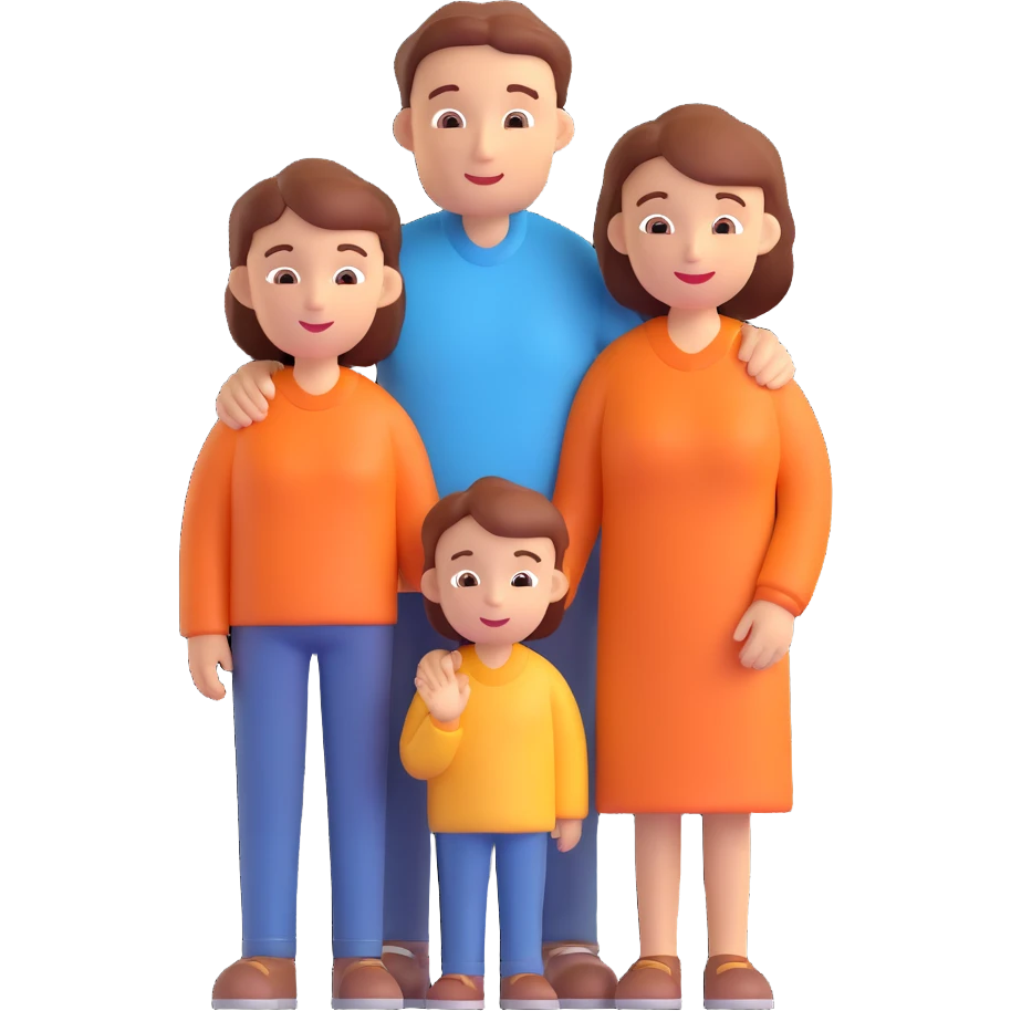 3D icon of a family: one parent and two children, standing close, warm and welcoming emoji