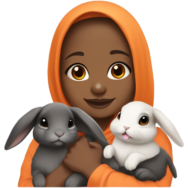 Black Muslim girl and her 3 cute orange, gray, and mix colored holland lop bunnies emoji
