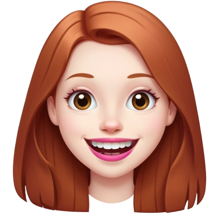 Young girl with pale skin, longer face, full pink lips smiling with big teeth, very long straight auburn hair (lighter ginger, not bright red), big brown eyes, extra large nose, big mouth, slightly asymmetrical features, less conventionally pretty emoji