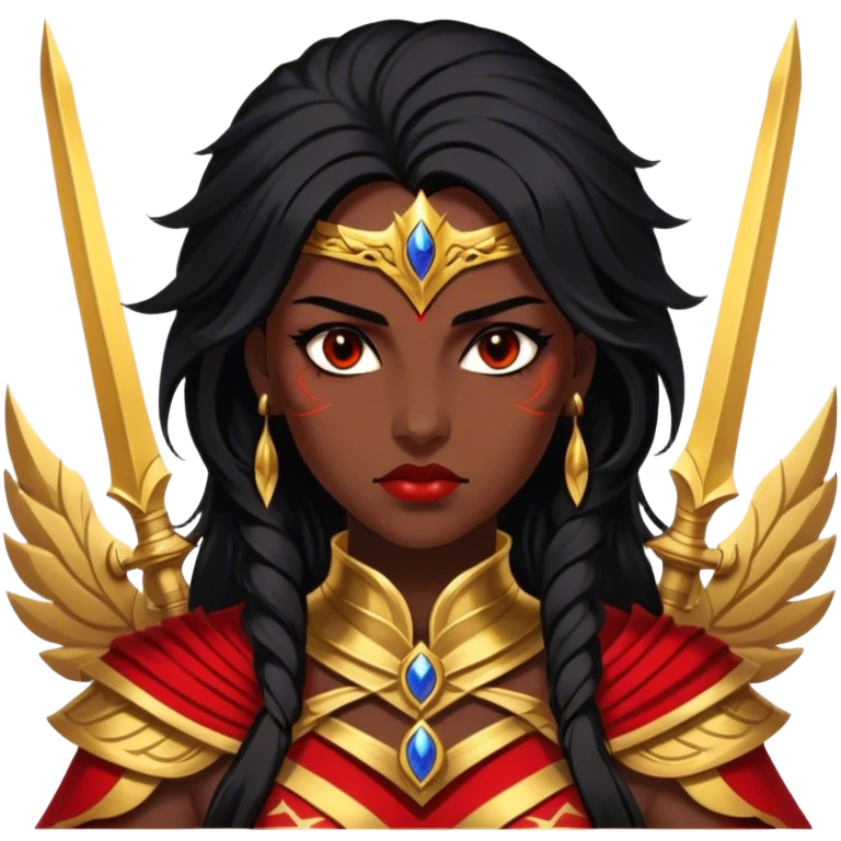 Cinematic Stunning Mulan Portrait Emoji, Fierce yet graceful, flowing raven-black hair, piercing brown eyes filled with determination, adorned in regal red and gold warrior attire, glowing with the strength and beauty of a true heroine, an elegant warrior in her prime! emoji