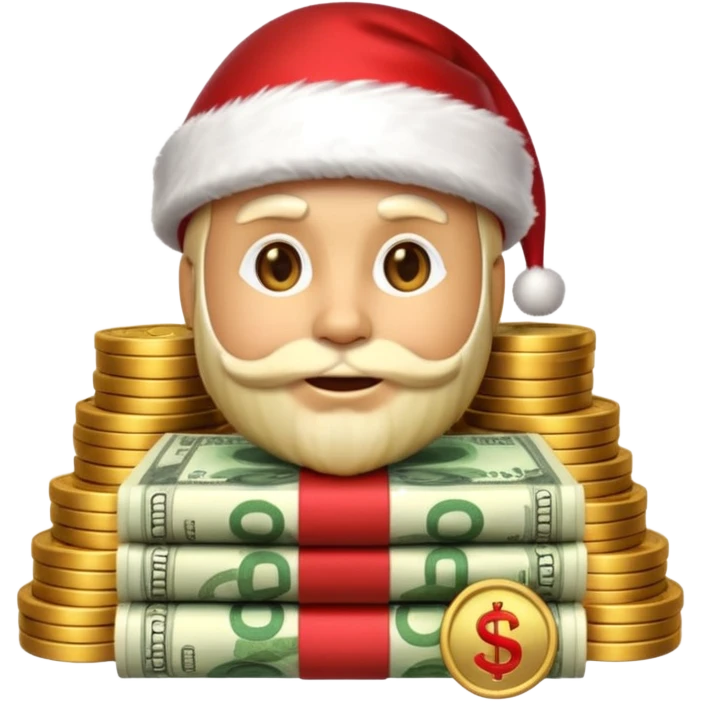 A confident rich emoji face wearing a Santa hat, money stacks, casino vibe, New Year theme, premium 3D emoji style, sharp details, no text, isolated on transparent background emoji