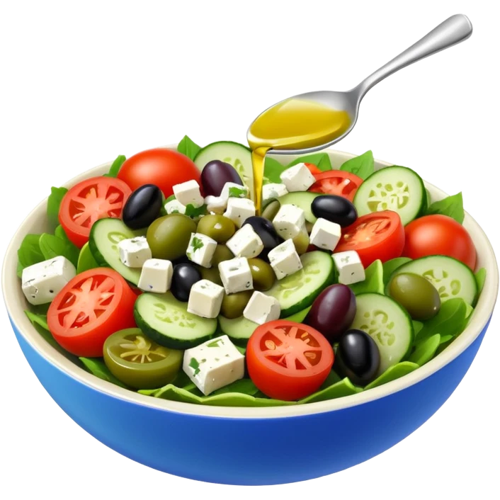 mediterranean salad bowl object icon, tomatoes, cucumbers, olives, feta cheese, olive oil dressing, 3D cartoon, mobile game icon style, clean background, no text, no watermark
 emoji