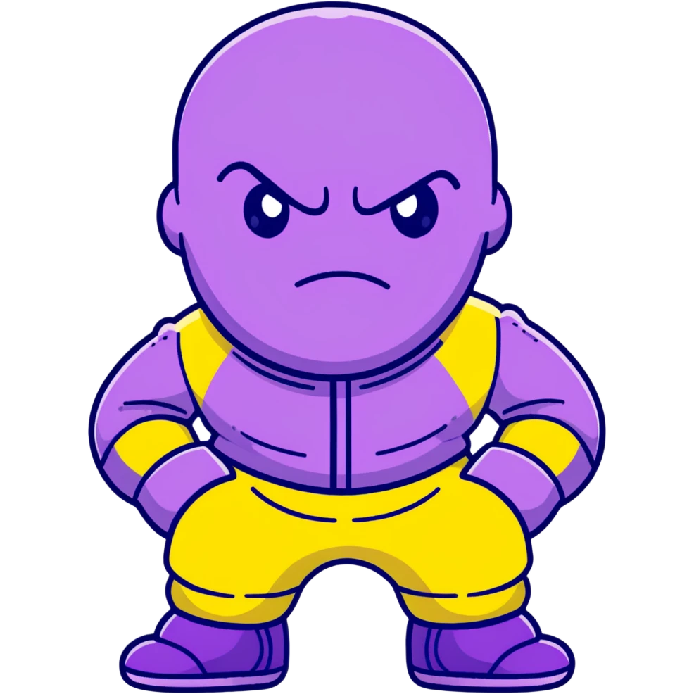 purple-skinned Thanos wearing a green Squid Game player tracksuit with number 230 emoji