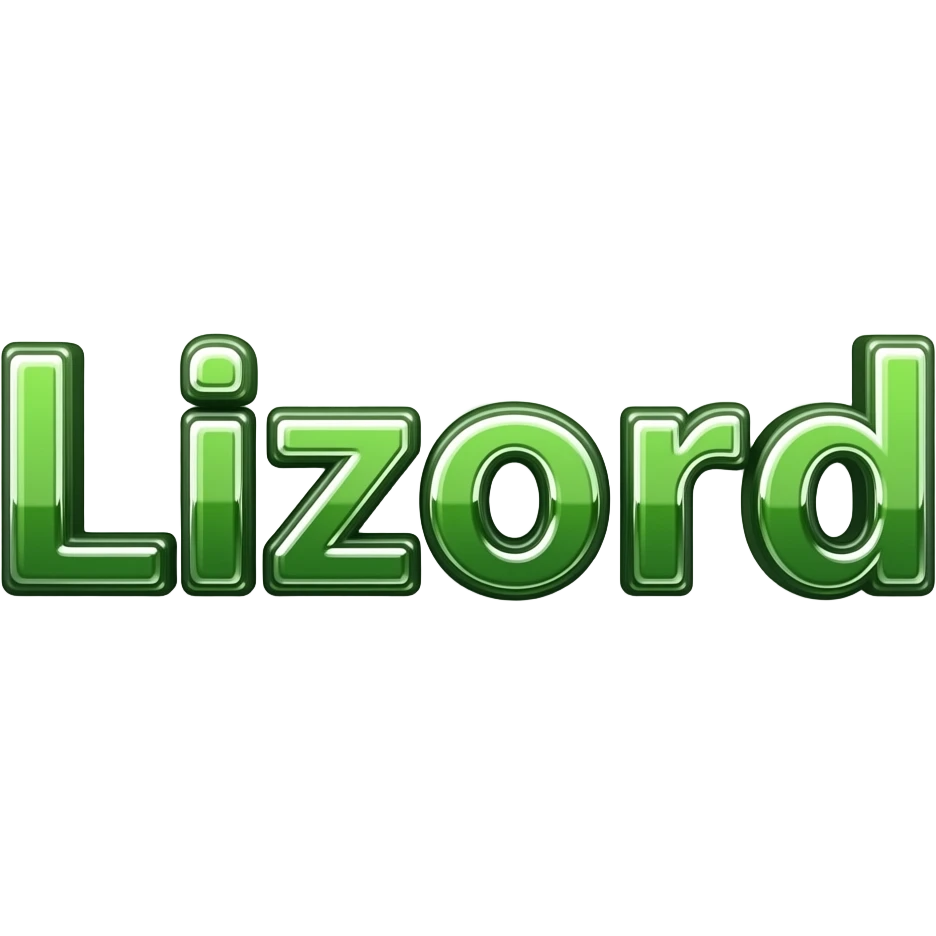 green metálico y 3D al estilo Cyber write "Lizord" png background with hrome effect and gyperrealistic emoji