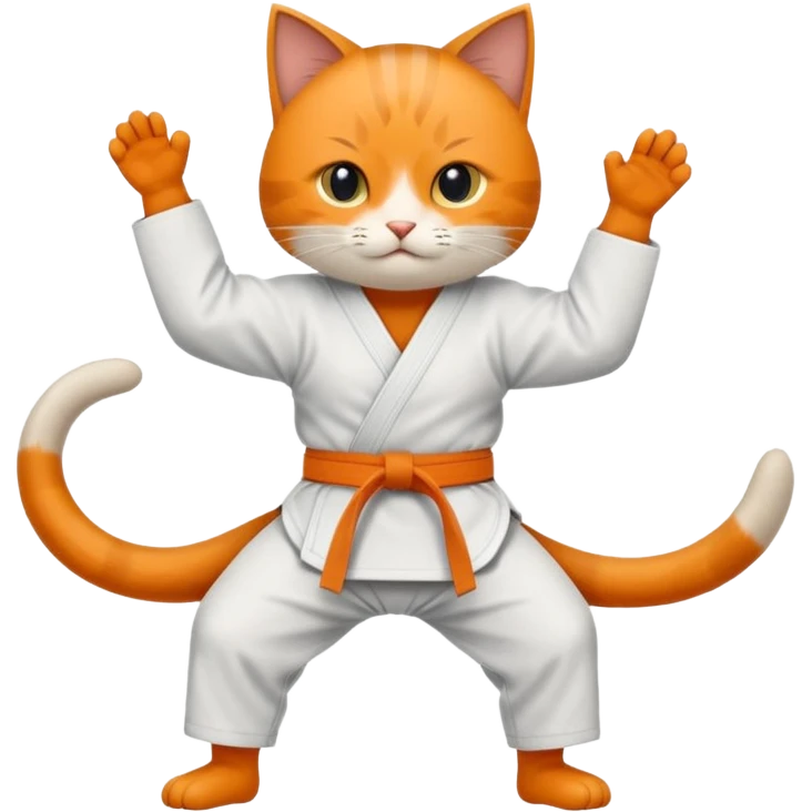 Katze im Judoanzug mit schwarzem Gürtel beim Kämpfen mit ausgestrecktem Bein emoji
