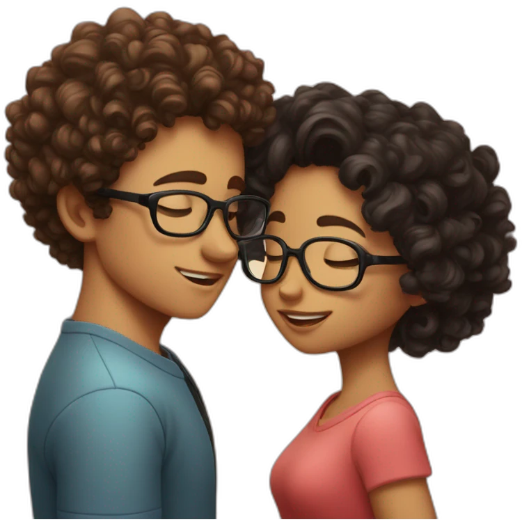 curly girl with glasses kiss a boy with dark hair emoji