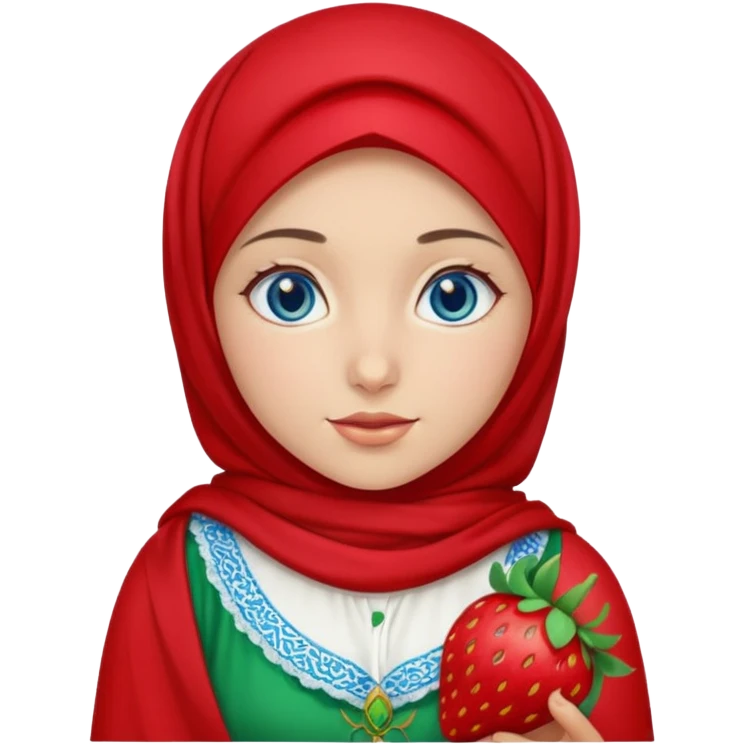 Turkish beautiful finish Konya girl blue eyes with red light green hijab islamic dress and had on her hand strawberry  emoji