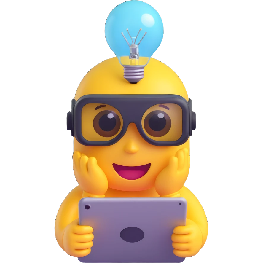 3D glossy emoji of a curious character with VR goggles, holding a digital tablet, lightbulb above head, modern minimal style, expressive eyes emoji