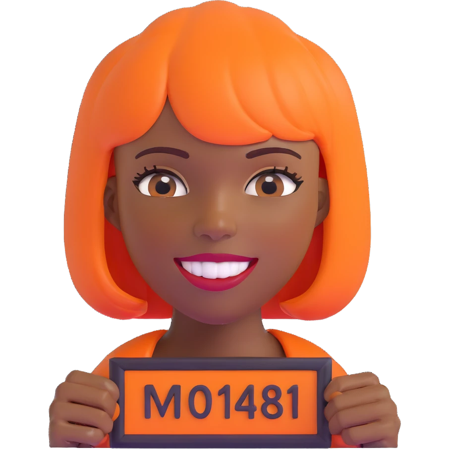 dark skinned Black woman with orange bob wig like Chucky's hair, visible plaque on her teeth emoji