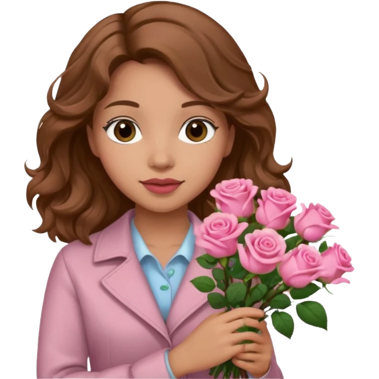 Niña con un ramo de flores que sea castaña con cabello ondulado  emoji
