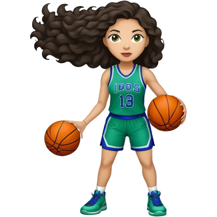 full figure light latino women basketball player with wavy dark hair wearing blue and green uniform emoji