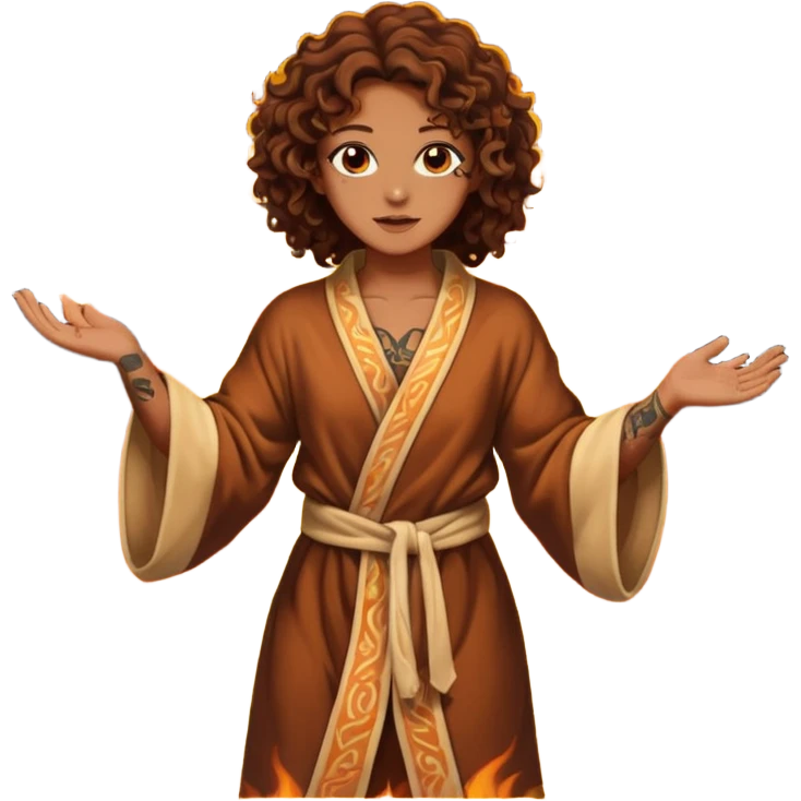 Sexy brown eyes, brown curly hair, white ethnicity with tattoo, mystic vibe, dancing in the fire in the night  emoji