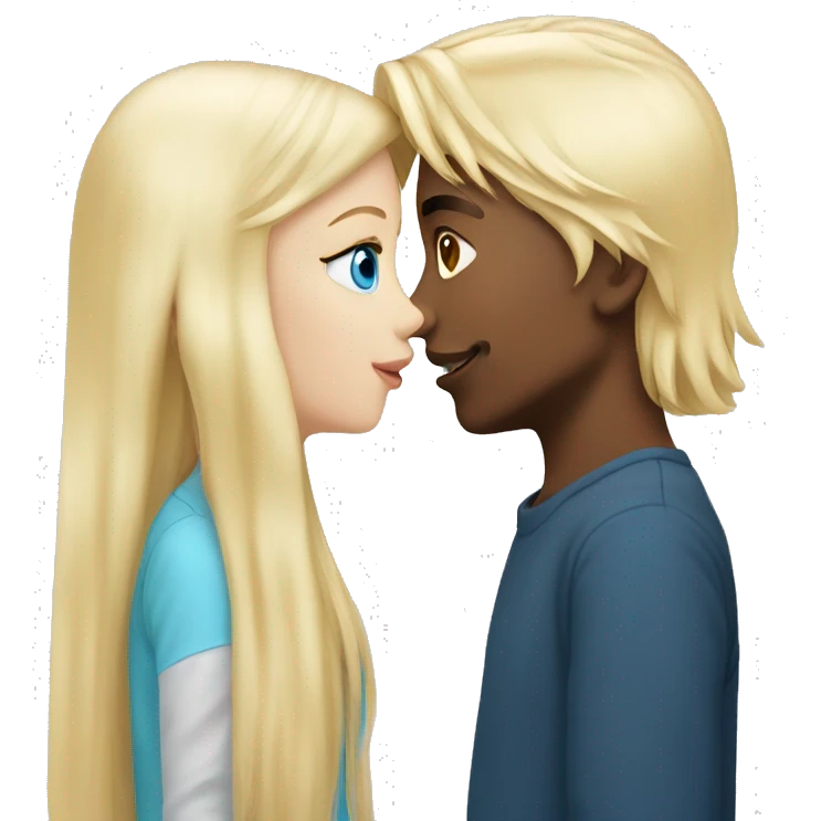 Girl with long back hair with bangs kissing boy with blonde hair blue eyes and white skin emoji