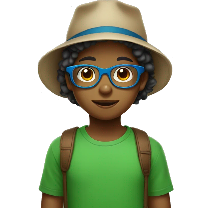 Child with brown hats and blue glasses and a green t-shirt  emoji