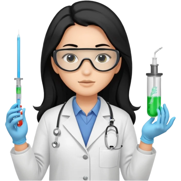 laboratorista con guantes  y mascarilla e insumos laboratorio  jeringa tubos  pelo negro largo triguella emoji