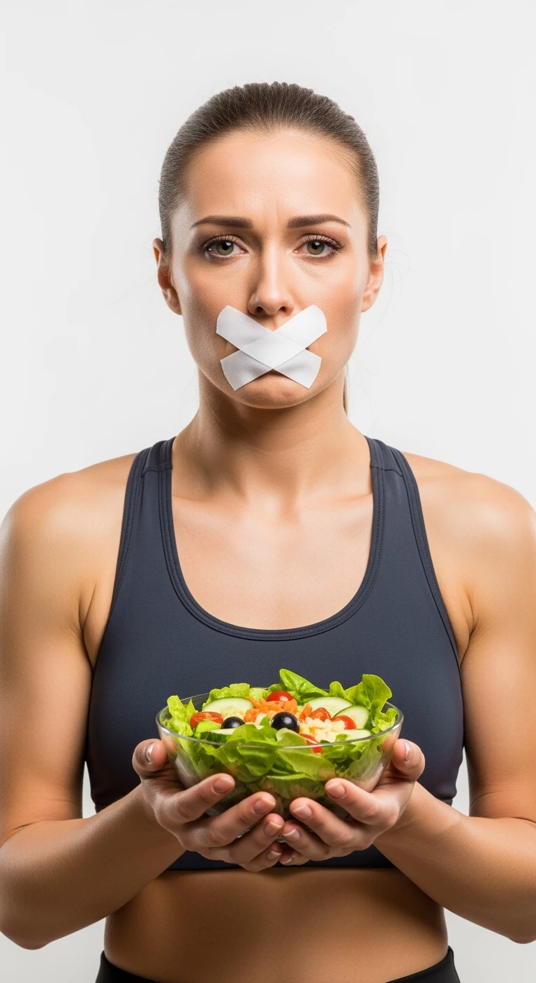 donna fitness con insalata in mano ed espressione molto triste e stanca, scotch a croce sulla bocca, sfondo bianco emoji