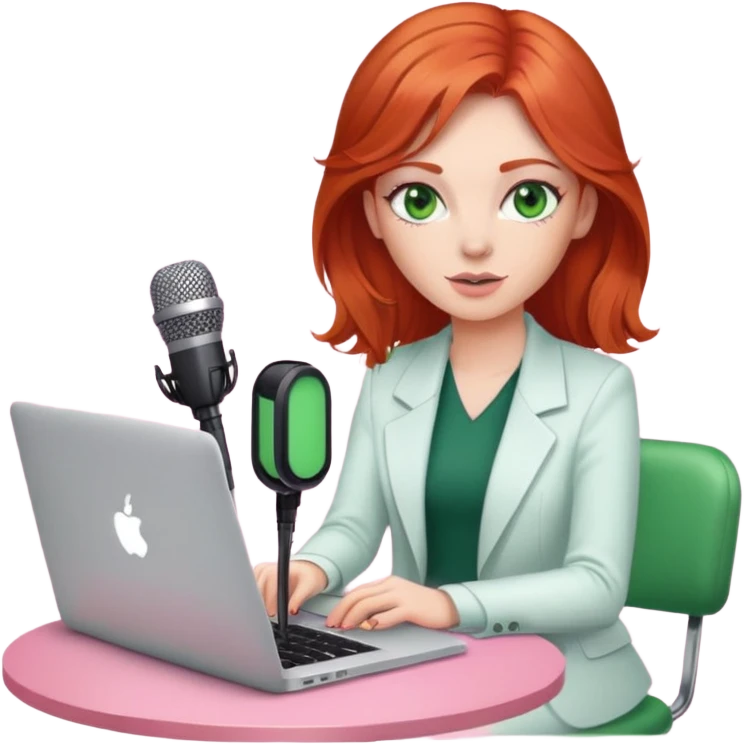 Red head green eyes sat at desk with MacBook, microphone and iPhone sat on a pink desk chair  emoji