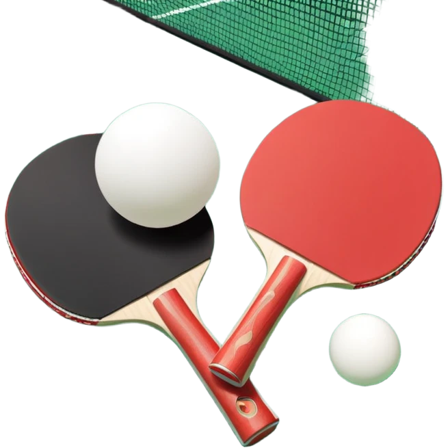 Two table tennis paddles and a ball placed on a ping pong table, with the net in the background. The scene conveys the simplicity and focus of the sport, with vibrant colors highlighting the rackets and ball on the smooth surface of the table. emoji