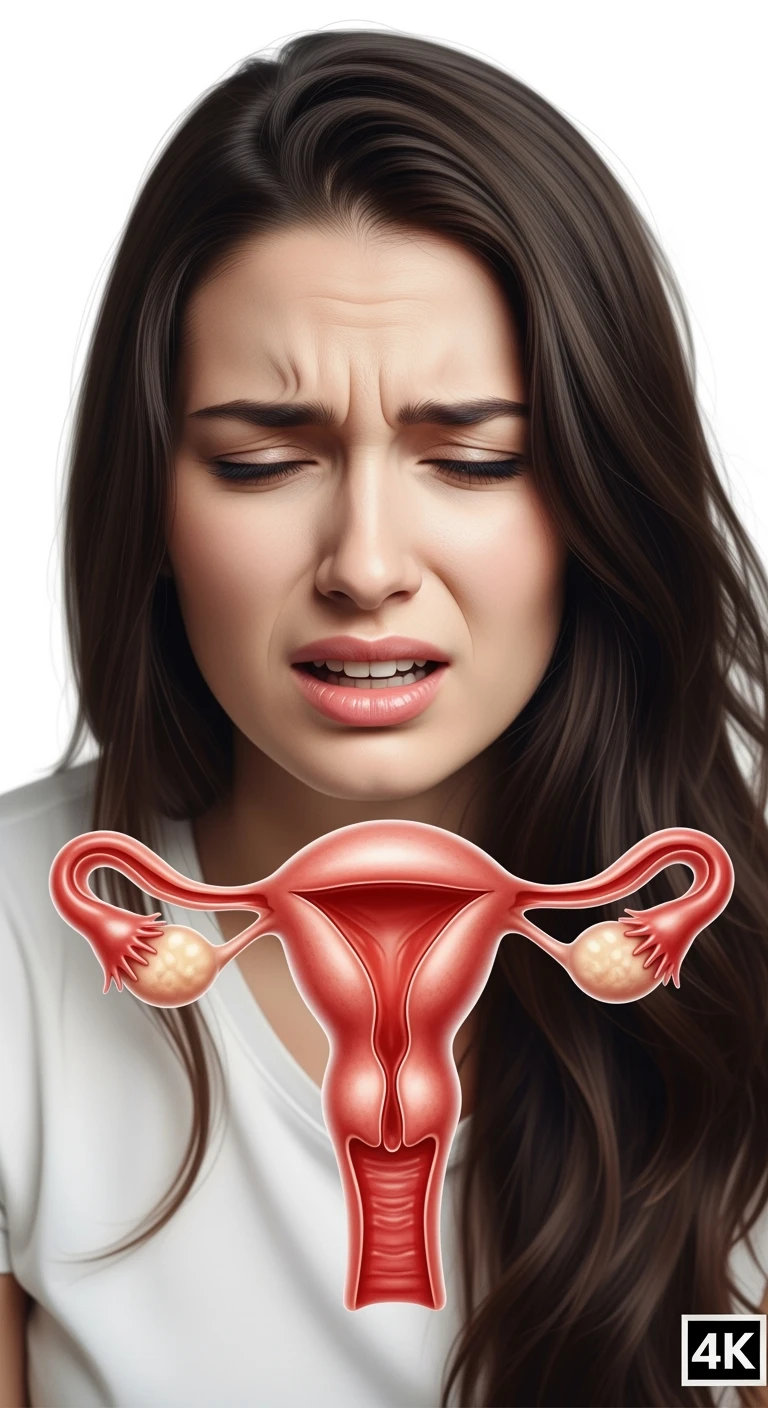 donna con utero umano realistico in evidenza dolorante, espressione di dolore in volto, sfondo bianco, non farla computerizzata, ma iperrealistica 4k emoji