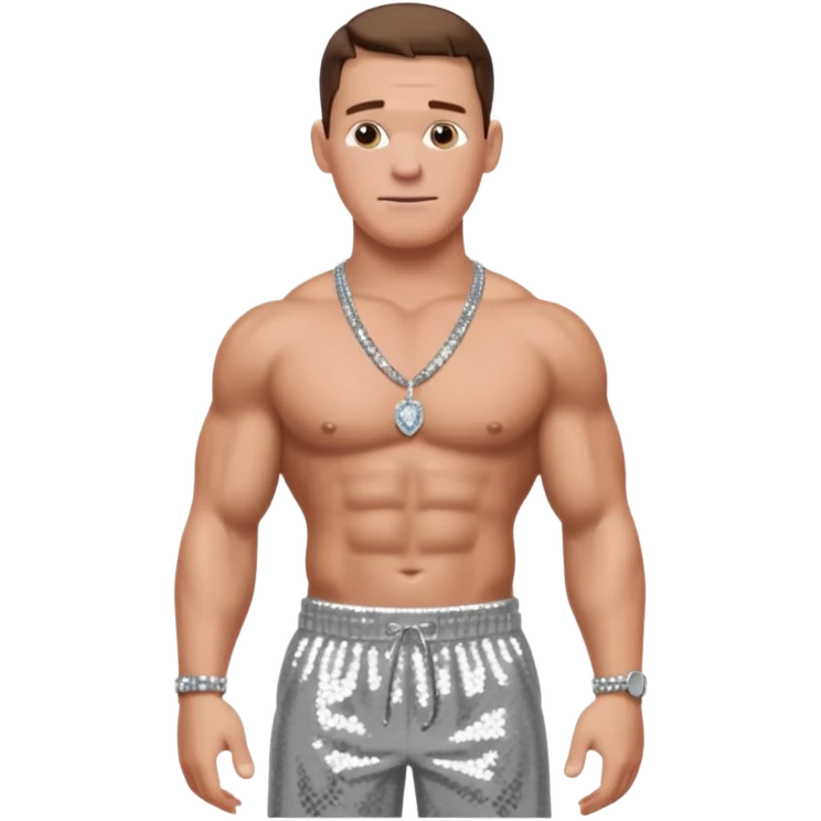 John Cena with silver sequin baggy pants, shirtless with necklace, brown hair emoji