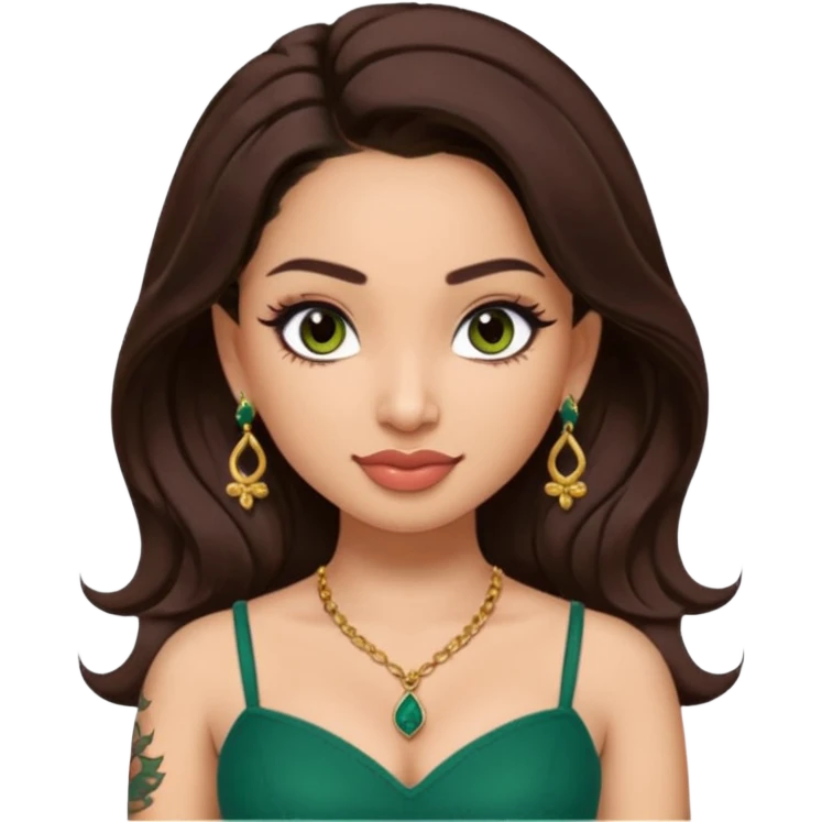 pretty bratz genmoji that looks like tamannah bhatia (bollywood actress), wearing a dark green sweetheart neckline top, dark brown hair, light makeup, no necklace, dangly earrings, side hair part, dark brown eyes, with tattoos emoji