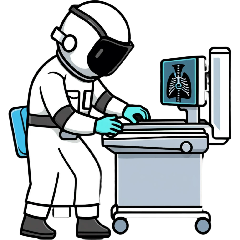 A friendly radiologist operating an X-ray machine, wearing protective gear emoji